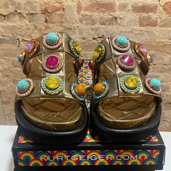 Kurt Geiger Gold Sandals with Colorful Gemstones - Picture 1 of 4